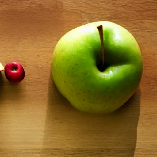 Image similar to a large apple eating a small apple