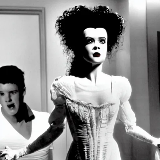 Image similar to bride of frankenstein as a teen, still from john hughes movie sixteen candles