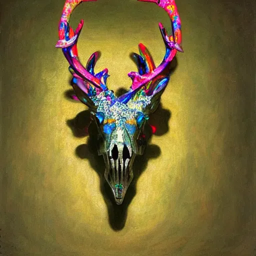 Prompt: a painting by Thomas Cole of an ornate glass crystal deer animal skull suspended midair, alternative reality mirrors, highly detailed 3d rendering from 1996 vibrant bright colors