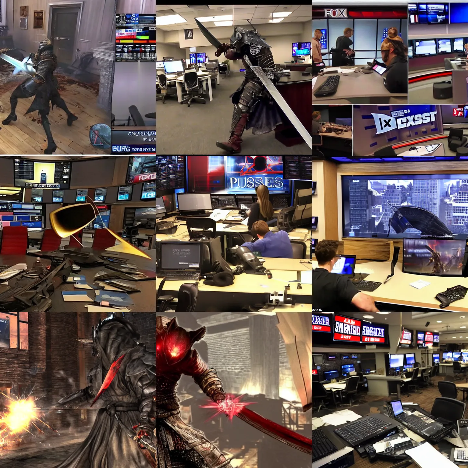 Prompt: Inside Fox News headquarters in Manhattan, The Pursuer boss with red eyes and huge sword from Dark Souls 2 smashes desks and destroys sound sets, high quality realistic live camera footage