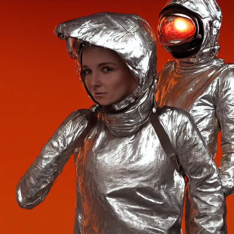 Prompt: octane render portrait by wayne barlow and carlo crivelli and glenn fabry, subject is a woman covered in folded aluminum foil space suit with a colorful metallic space helmet, standing on a red rocky western alien landscape, cinema 4 d, ray traced lighting, very short depth of field, bokeh