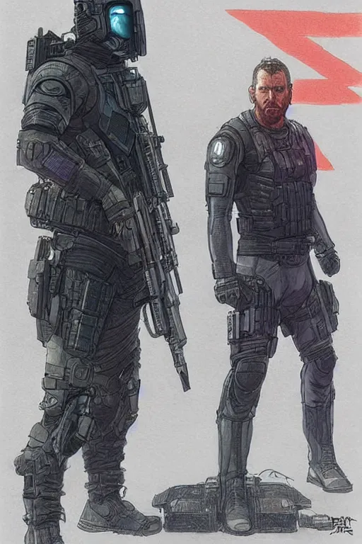Image similar to Bruce. blackops mercenary in near future tactical gear, stealth suit, and cyberpunk headset. Blade Runner 2049. concept art by James Gurney and Mœbius.