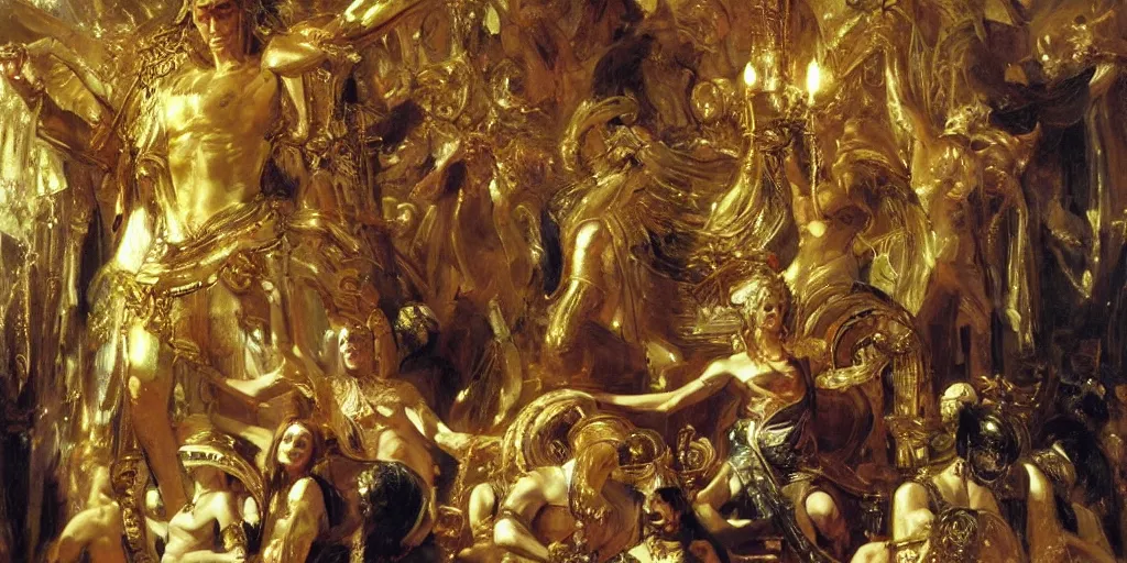 Image similar to beautiful oil painting, high details, the alien god emperor of ancient civilization surrounded by servants in gilded halls a golden wreath upon his head, by anders zorn, wonderful masterpiece by greg rutkowski, beautiful cinematic light, american romanticism, by giger, rolf armstrong, ernie barnes