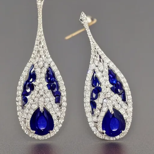 Prompt: teardrop sapphire earrings with diamond accent. 1 9 2 0's, flapper, great gatsby