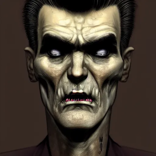 Prompt: head portrait of a slim zombie version of morrissey with a quiff hairstyle, 7 days to die zombie, fine art, award winning, intricate, elegant, sharp focus, cinematic lighting, rimlight, digital painting, 8 k concept art, art by z. w. gu, art by brom, art by michael hussar, 8 k