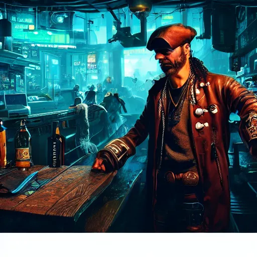 Image similar to a high quality portrait of a gritty pirate in a cyberpunk cyberpunk cyberpunk cafe, realism, 8k, award winning photo