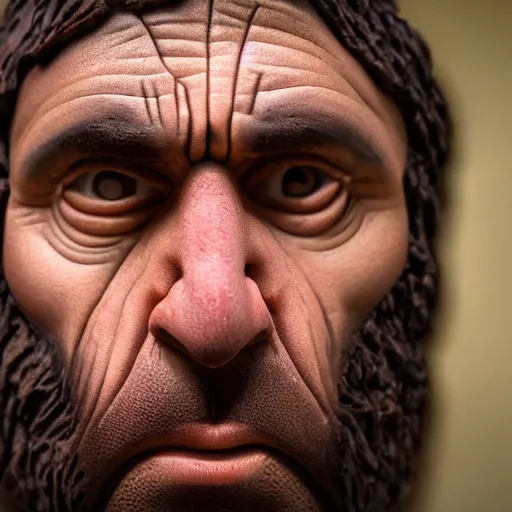 Prompt: Photo portrait Joe Rogan as a wax neanderthal cave man exaggerated brow stoic savage in the natural history museum face closeup background dramatic lighting 85mm lens by Steve McCurry