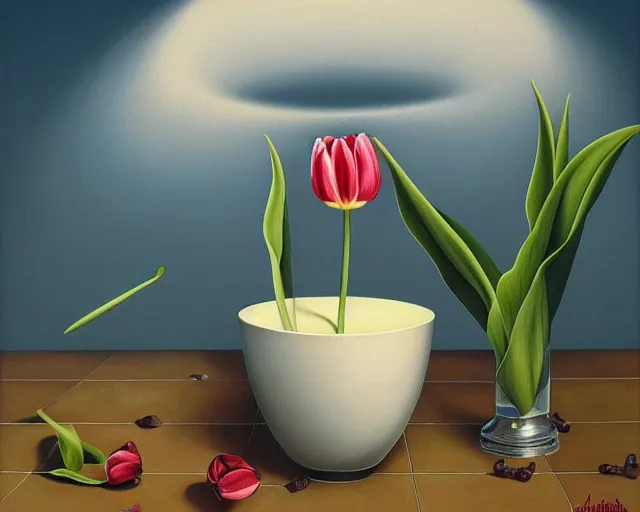 Image similar to rule of thirds inside the tulip, an ultrafine detailed painting by rafal olbinski, behance contest winner, pop surrealism, detailed painting, very detailed, minimalist, skeuomorphic, airbrush art