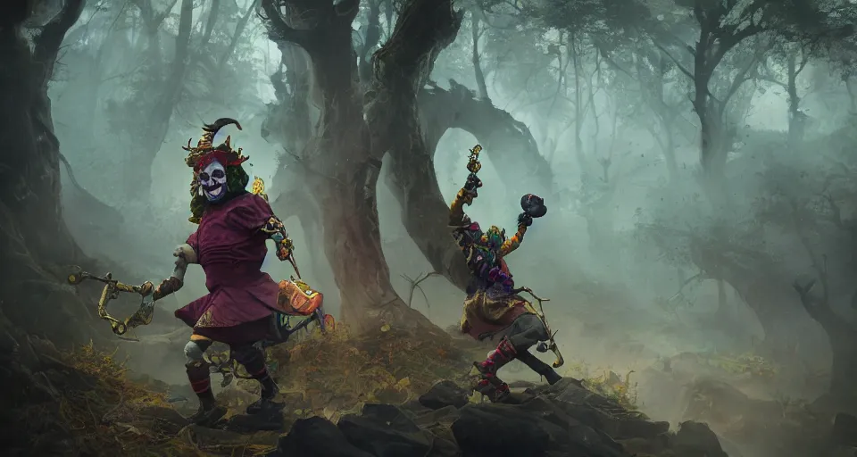 Image similar to robert de niro as medieval joker, crazy colorful clothing, a heavy golden mace in his hands, wandering through a forbidden forest, trending on artstation, style of peter mohrbacher, octane render, unreal engine