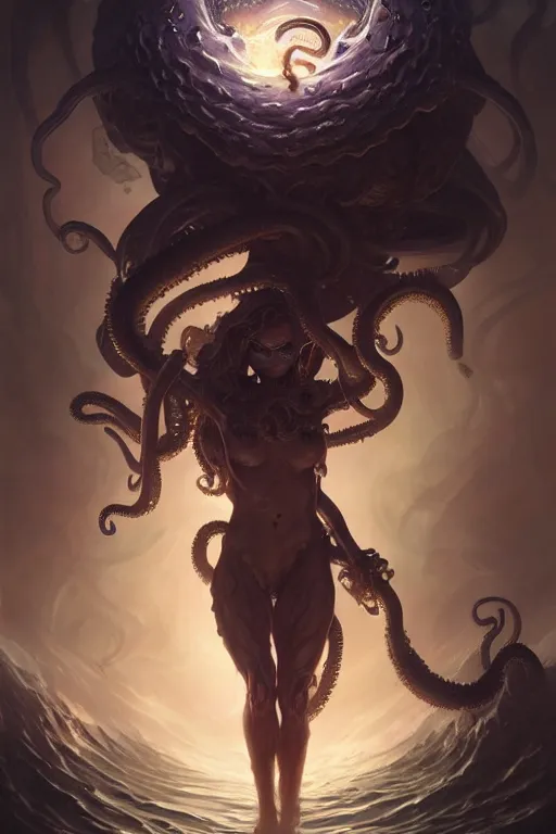 Image similar to lovercraft creature emerging from the sea, horror, darkness, tentacles, highly detailed, digital painting, artstation, concept art, matte, sharp focus, illustration, hearthstone, art by artgerm and greg rutkowski and alphonse mucha