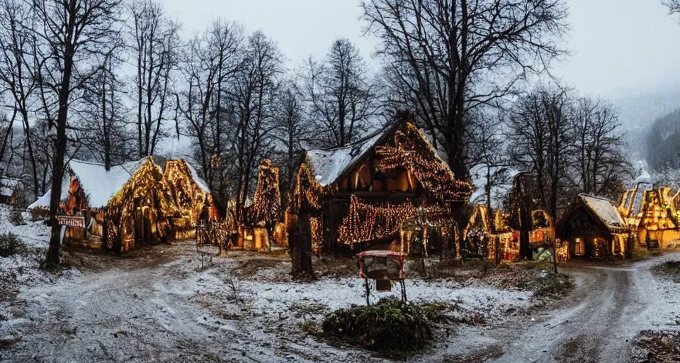 Image similar to an eerie abandoned village in the black forest decorated with christmas lights