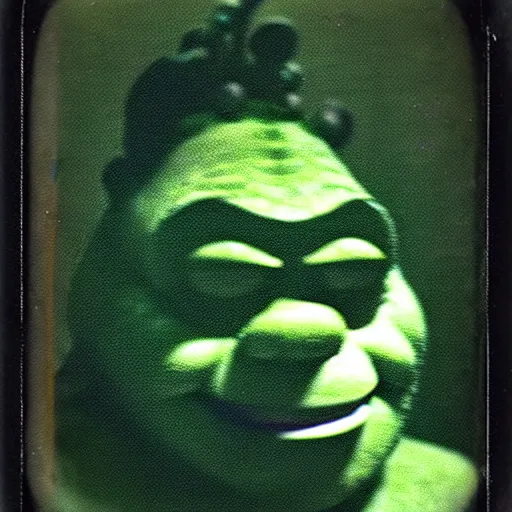 Image similar to 1 9 6 0's old polaroid of shrek staring from the depths of the dark gloomy forest, photorealistic, grainy, found footage, old film, low quality, horror, creepy, unsettling, liminal, strangely terrifying