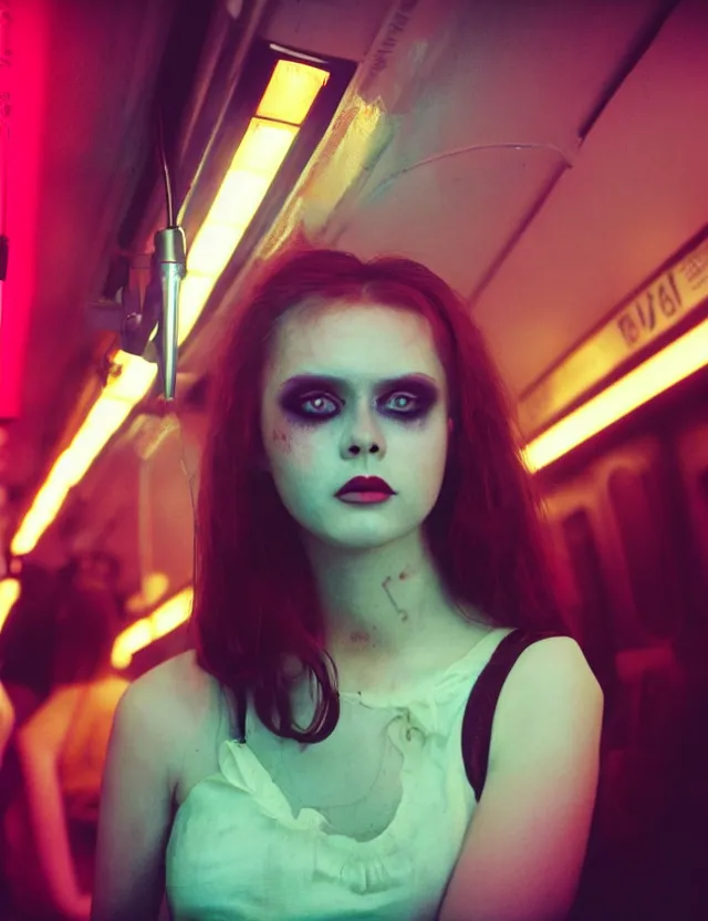 Image similar to portrait of girl with smokey eyes makeup in a subway train, neon light, wide high angle coloured polaroid photograph with flash, kodak film, hyper real, stunning moody cinematography, with anamorphic lenses, by maripol, fallen angels by wong kar - wai, style of suspiria and neon demon and children from bahnhof zoo, detailed