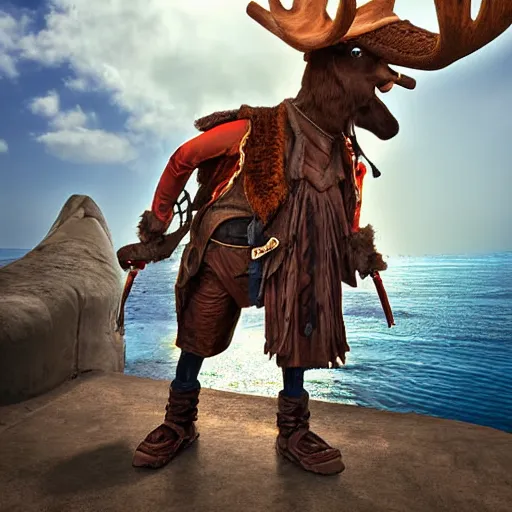 Image similar to anthropomorphic moose pirate humanoid by mike winklemann, pirate ship, sea, fantasy