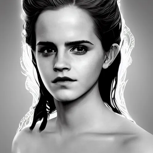 Prompt: emma watson the portrait of an absurdly beautiful, graceful, sophisticated, fashionable gynoid gravure idol, an ultrafine hyperdetailed illustration by kim jung gi, irakli nadar, intricate linework,, porcelain skin, unreal engine 5 highly rendered, global illumination, radiant light, detailed and intricate environment