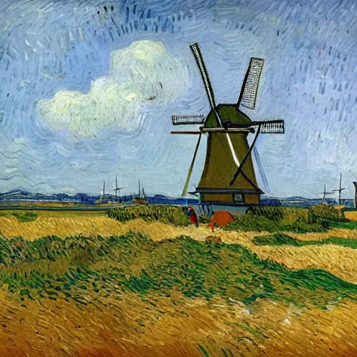 Prompt: the dutch landscape with traditional windmills standing next to a lake, lots of bicycles and a man drinken beer by Vincent van Gogh,