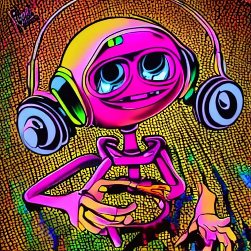 Prompt: artgerm, psychedelic laughing robot chicken by seth green, rocking out, headphones dj rave, digital artwork, r. crumb, svg vector