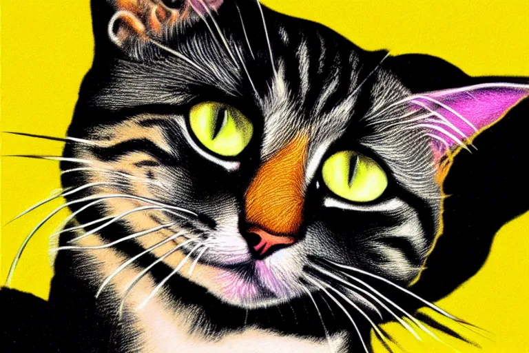 Prompt: color sketch of cat portrait, highly detailed, dramatic lighting, intense shadows, rich deep colours, by roy lichtenstein