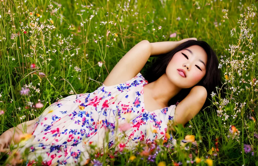 Prompt: a beautiful young Asian woman lying in a field of wildflowers, wearing a sun dress, portrait, dreamy, cinematic, depth of field, glow