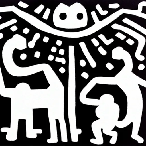 Image similar to a white dog and a black cat by keith haring