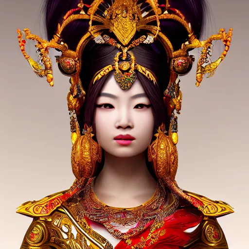 Image similar to an asian female goddess, ornate, headpiece, 8 k, photorealistic, intrinsic details, trending in artstation