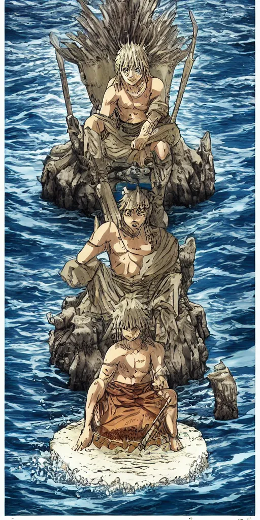 Image similar to a lone king sitting on a throne floating on water in the middle of a lake drawn by Makoto Yukimura in the style of Vinland saga anime, full color