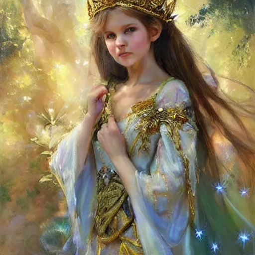 Image similar to hyperrealist portrait of a fairy girl emperorit is decorated with long robes that fall like stars and wears a huge crown. by daniel f. gerhartz, fantasy art, photo realistic, dynamic lighting