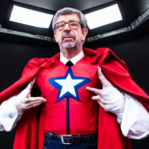 Image similar to Jean-Luc Mélenchon cospalying as a Marvel superhero, studio lighting