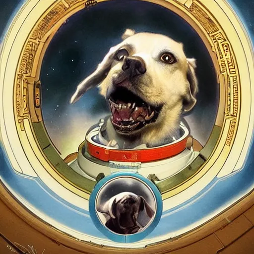 Prompt: realistic heroic portrait of Laika the russian space dog, first dog in orbit 1957, wearing her space helmet, in a circle frame, art by Artgerm and Greg Rutkowski and Alphonse Mucha