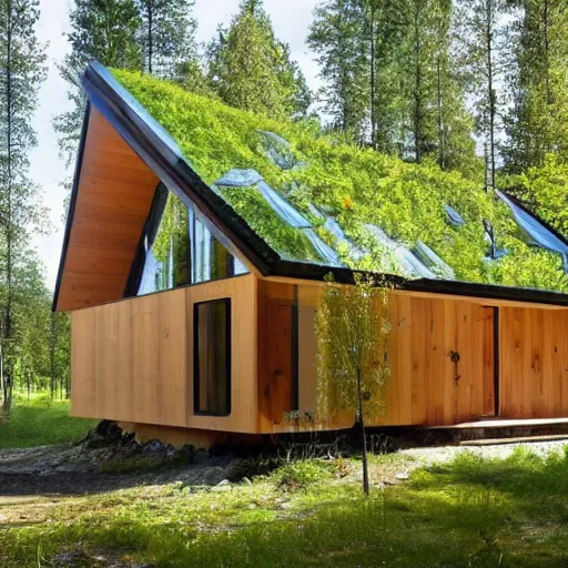 Prompt: eco homes with lots of trees, made of wood and glass, Scandinavian style
