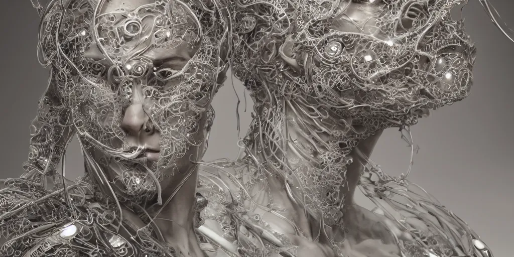 Prompt: hyperrealistic photography of a stunningly beautiful cyborg male, intimate, intricate filigree, fibonacci, in the style of beth cavener, jin kagetsu, and wlop, highly detailed, chrome face symmetry, masterpiece, award winning, sharp focus, concept art, high key, ambient lighting, 8 k, octane render,