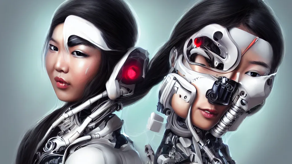 Image similar to portrait of a cyborg asian girl wearing an Ikeuchi mask by Artgerm, biomechanical, hyper detailled, trending on artstation