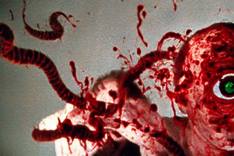 Prompt: filmic extreme wide shot dutch angle movie still 35mm film color photograph of a doctor getting his both his eyeballs pulled out by dangerous alien worms coming from off camera, blood splattering, in the style of The Thing 1982 horror film