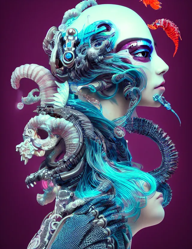 Image similar to 3 d goddess close - up profile portrait cyberpunk with ram skull. beautiful intricately detailed japanese crow kitsune mask and clasical japanese kimono. betta fish, jellyfish phoenix, bio luminescent, plasma, ice, water, wind, creature, artwork by tooth wu and wlop and beeple and greg rutkowski