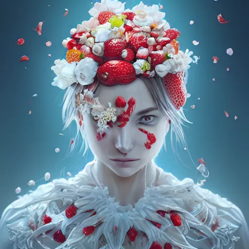 Image similar to the portrait of an absurdly beautiful, graceful, elegant, sophisticated, fashionable young woman made of strawberries and white petals with tears, an ultrafine hyperdetailed illustration by kim jung gi, irakli nadar, intricate linework, bright colors, octopath traveler, final fantasy, unreal engine 5 highly rendered, global illumination, radiant light, detailed and intricate environment