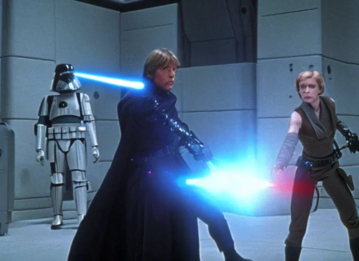 Image similar to screenshot from the lost star wars film, Luke Skywalker facing off against a female sith lord, iconic scene from the lost Star Wars film, Remnants Of the Empire, 1990 directed by Stanely Kubrick, lens flare, moody cinematography, with anamorphic lenses, crisp, detailed, 4k