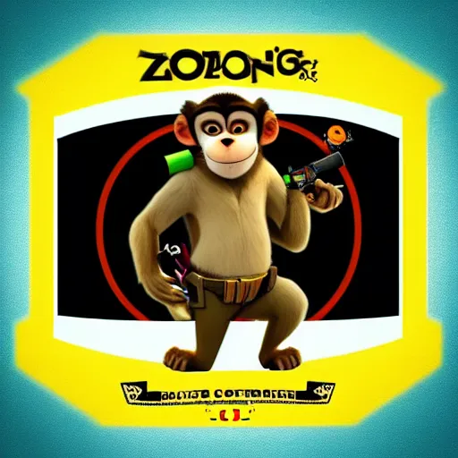 Image similar to “ logo of a monkey in the style of zootopia holding laser gun, with a black background, digital art, award winning, trending on art station, retro style ”