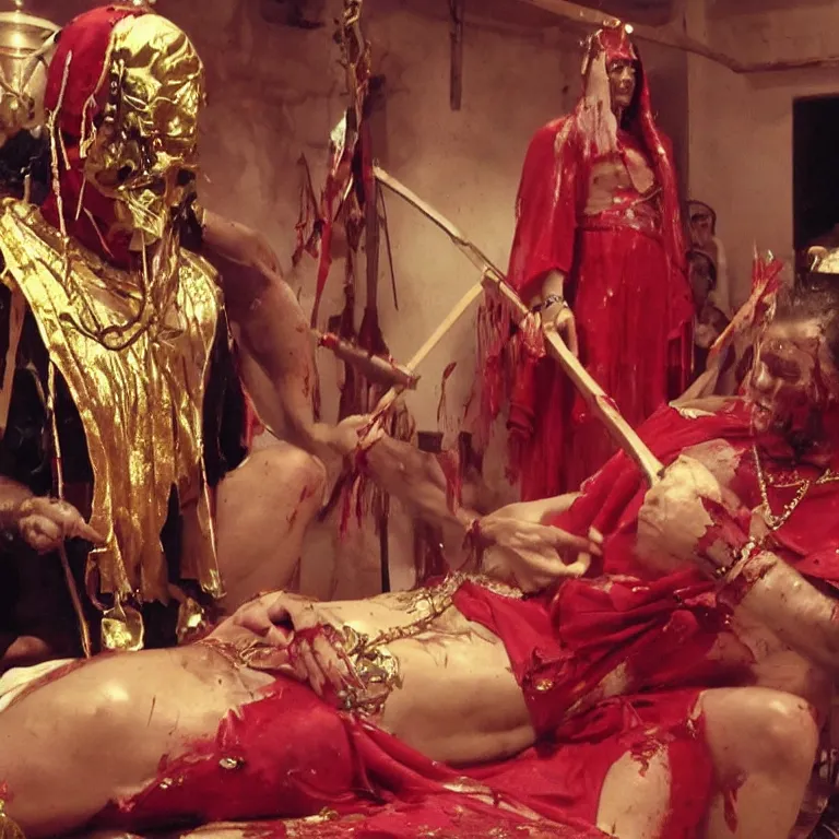 Image similar to pov low quality video of a man being sacrifice by one member of an esoteric cult, wear heavy red ornemental costume and elongate gold mask and jewels, detailed precise cinematic bloody flesh