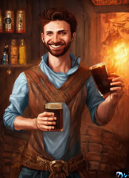 Image similar to An epic fantasy comic book style portrait painting of a handsome young man with brown wavey hair, wearing thief clothing in a tavern and smiling with a wooden tankard in hand, unreal 5, DAZ, hyperrealistic, octane render, cosplay, RPG portrait, dynamic lighting