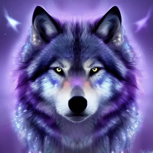 Prompt: of a fantasy sky of purple and blue a wolves face is the sky and there are stars and galaxy ’ s and his eyes are piercing digital art