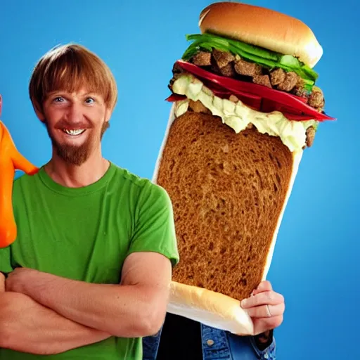 Image similar to portrait photo of scooby doo and shaggy with 2 foot high sandwiches