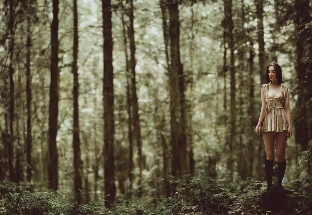 Image similar to lomo photo of adelaide kane standing i front of a modern forest cabin, cinestill, bokeh, out of focus