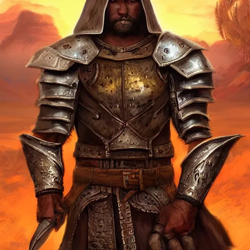 Image similar to unknown the elder scrolls vi hammerfall, battle hardened imposing male redguard character portrait partially clothed in hooded metal - plated exquisitely detailed hooded battle armour, desert, tropical jungle setting, atmospheric lighting, painted, intricate, volumetric lighting, beautiful, rich deep colours masterpiece, sharp focus, ultra detailed