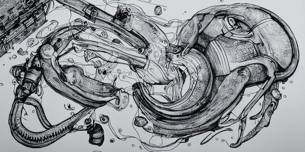 Prompt: ultra precise fineliner drawing of a machine which embeds a man inside a squid, minimal injury, maximal squidification. black marker pen on white gloss paper. gallery quality, winner of nobel prize for insanity