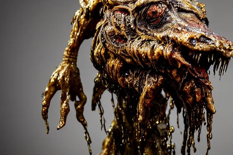 Image similar to photo taken of an epic intricate, ultra detailed, super realistic sculpture of a wet bloodied slimy nightmarish hellish demonic doglike creature on display in a workshop, created by weta workshop, full body shots, photorealistic, sharp focus, f 0. 4, face centred, macro photography, golden ratio,