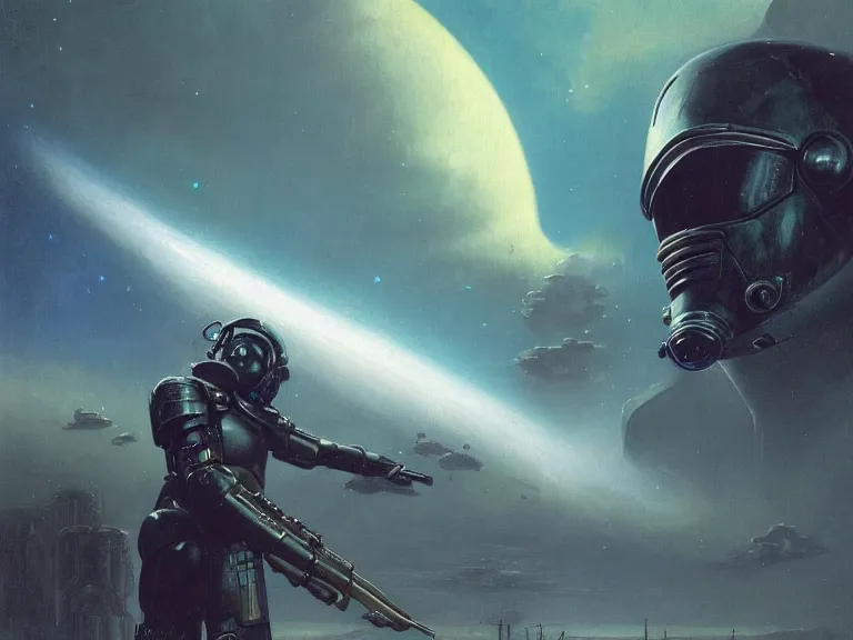 Image similar to a detailed profile painting of a bounty hunter in armour and visor, cinematic sci-fi poster. Spaceship high in the background. Flight suit, anatomy portrait symmetrical and science fiction theme with lightning, aurora lighting clouds and stars. Planet backdrop. Clean and minimal design by beksinski carl spitzweg giger and tuomas korpi. baroque elements. baroque element. intricate artwork by caravaggio. Oil painting. Trending on artstation. 8k