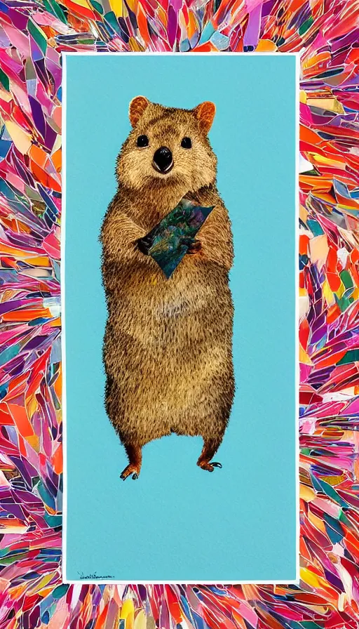 Image similar to detailed illustration, a portrait of a happy quokka on rotttnest island constructed from colored paper, collage, may gibbs, layered composition, layers, texture, textured, layered, sculpted, dynamic, 🦋, 🌱,