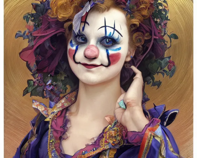 Image similar to liz truss dressed as a clown, vivid eyes, real life skin, intricate, elegant, highly detailed, artstation, concept art, smooth, sharp focus, art by artgerm and greg rutkowski and alphonse mucha