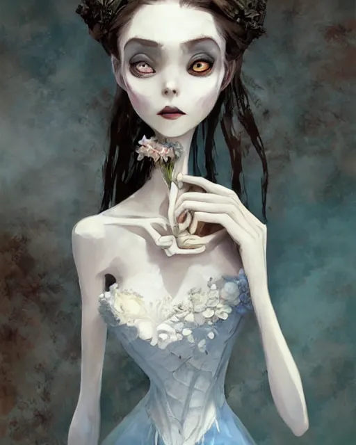 Image similar to elegant mysterious solemn zombie victoria everglot from the corpse bride, portrait, illustration, rim light, top light, summer clear blue sky, perfectly shaded, soft painting, art by krenz cushart and wenjun lin