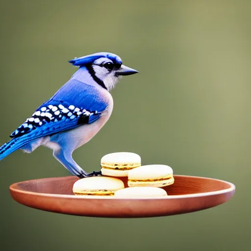 Prompt: photo of blue jay standing on a bowl of several blue macaroons